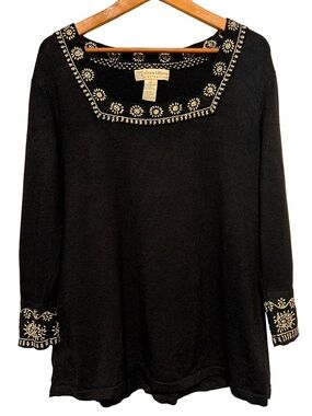 LAURA MARTIN Embroidered Floral Square Neck Sweater Boho Cottagecore